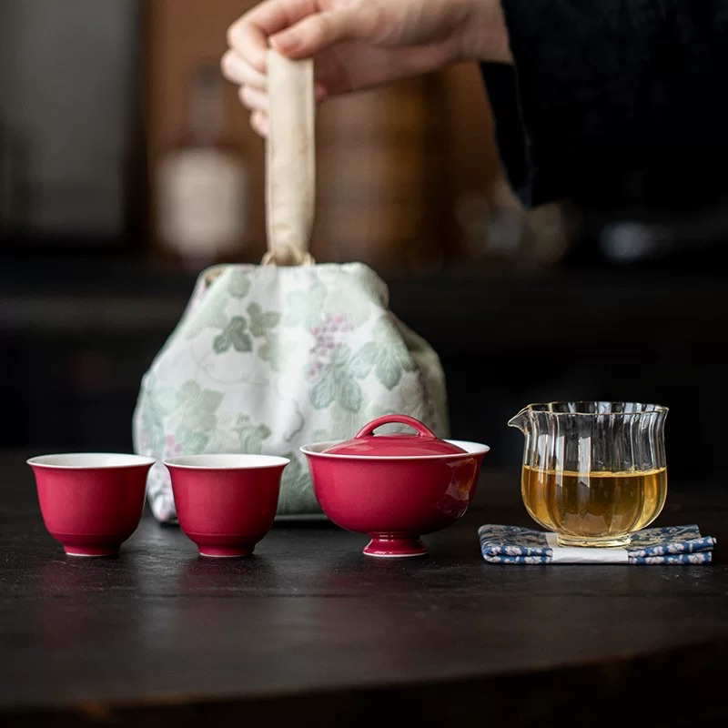 户外旅行茶具套装盖碗茶杯胭脂红功夫茶具茶艺茶事包日式陶瓷