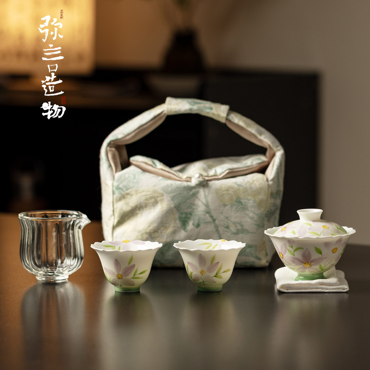 式户外布艺茶事包旅行茶具手绘花汀一盖碗两杯茶具送闺蜜陶瓷