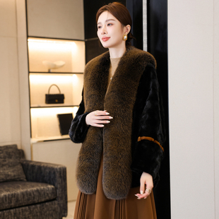 月牙水貂毛披肩式短款大狐狸毛领貂皮大衣新款皮草外套宽松大码