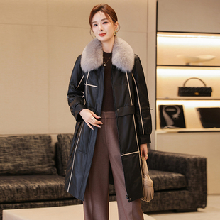 真皮羽绒服女冬季新款时尚个性海宁绵羊皮鹅绒服大衣外套中长款