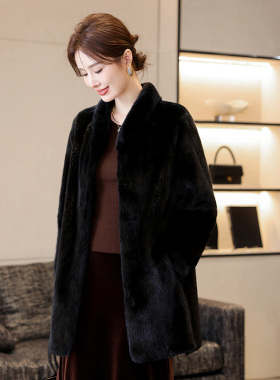水貂皮草大衣女2025冬季新立领妈妈款天鹅绒皮毛一体整貂裘皮外套