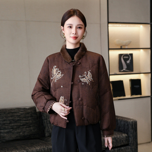 新中式国风羽绒服女2025冬季新款宽松绣花水貂毛领皮草外套短款