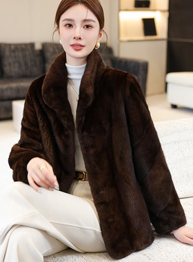 水貂毛皮草外套女整貂裘皮立领时尚宽松年轻天鹅绒貂皮大衣短款