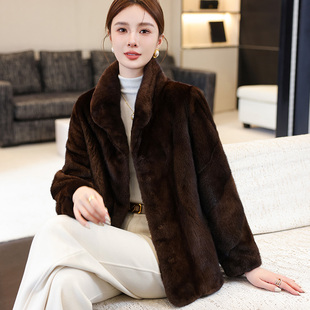 水貂毛皮草外套女整貂裘皮立领时尚宽松年轻天鹅绒貂皮大衣短款