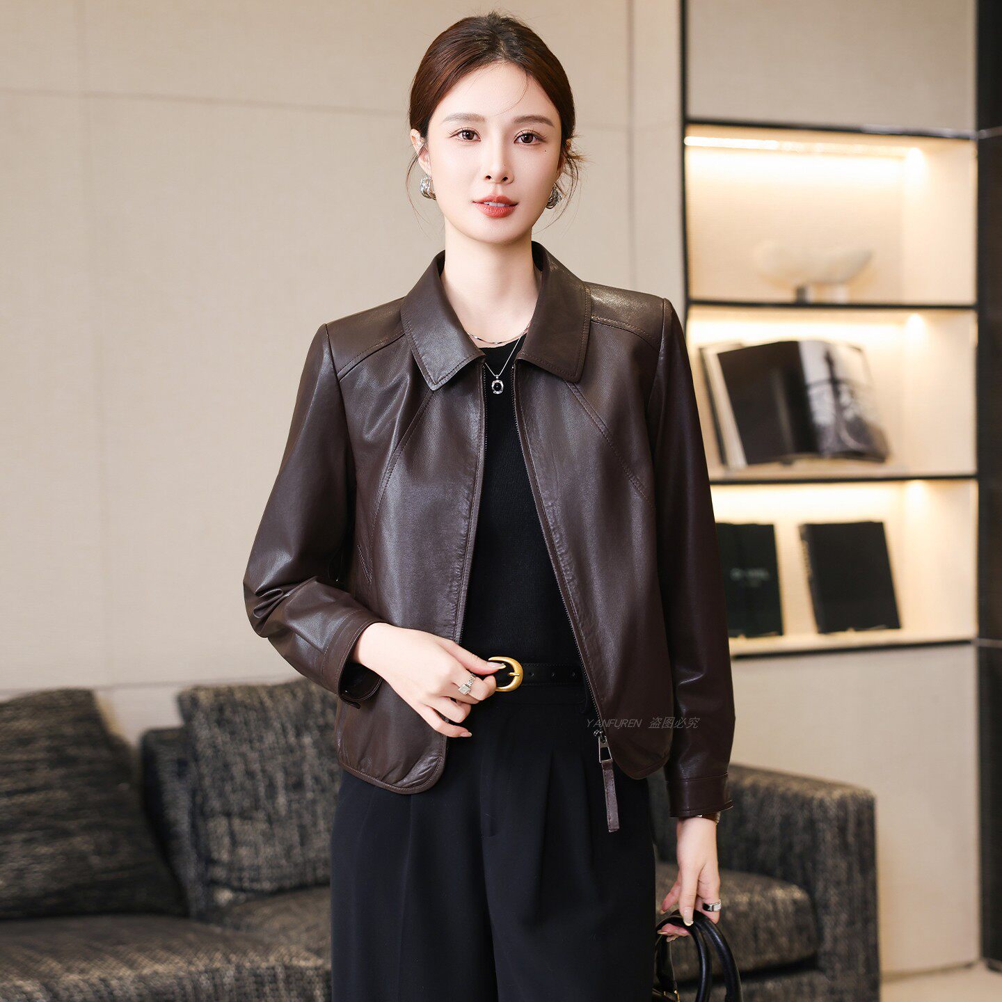 海宁真皮皮衣女短款翻领2026春季新款休闲植鞣头层绵羊皮夹克外套