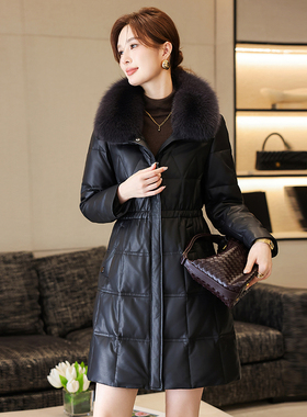 海宁绵羊皮羽绒服女冬季修身毛领可拆卸真皮鹅绒服皮衣外套中长款