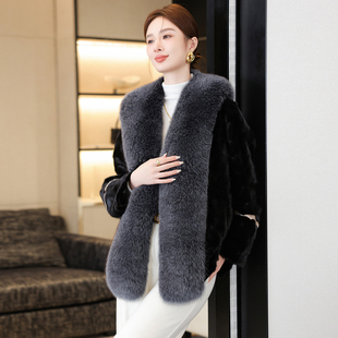 月牙水貂毛短款大狐狸毛领貂皮大衣新款披肩式皮草外套宽松大码潮