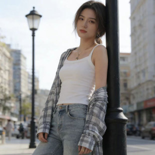 纯棉吊带背心女内搭无胸垫宽肩带一字领贴身可外穿修身 上衣打底夏