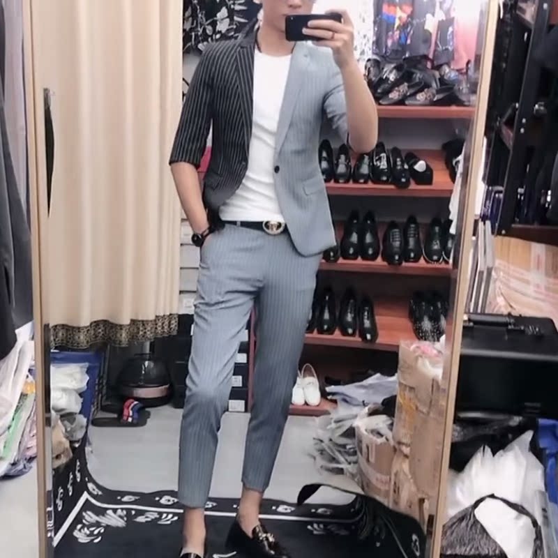 套裝男夏季抖音同款修身西服網紅兩件套2019洋氣男神壹身衣服西裝在類目 男裝, 西服套裝中 - 來自Buy2taobao.com提供專業的淘寶代購服務