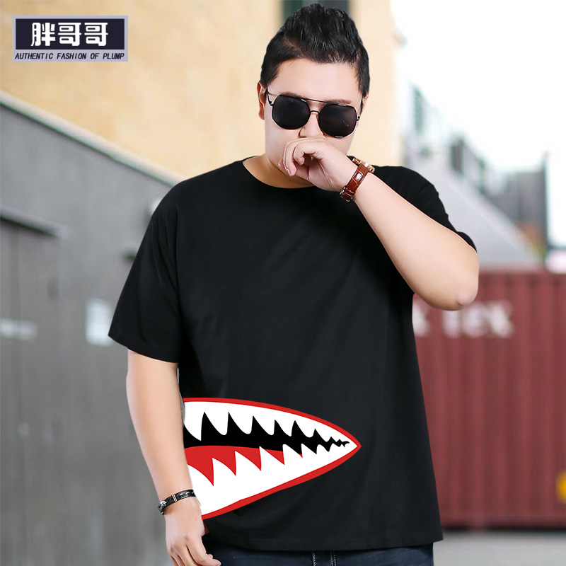 加肥加大碼青少年休閑衣服短袖男16-17-18歲穿鯊魚嘴印花T恤胖子