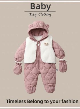 跨境婴幼儿加绒加厚爬服宝宝儿童连体衣2025冬新款爬服两件套