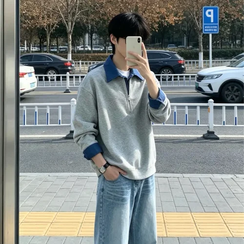 秋冬翻领撞色假两件半拉链卫衣