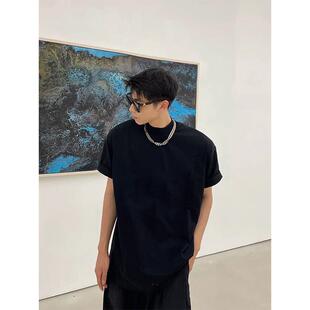 纯黑色小领口t恤男款重磅美式高街cleanfit短袖纯棉内搭半袖上衣