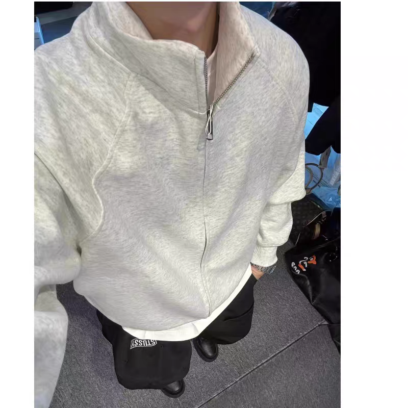 美式复古立领双拉链boxy卫衣开衫秋冬季男生纯色宽松休闲夹克外套
