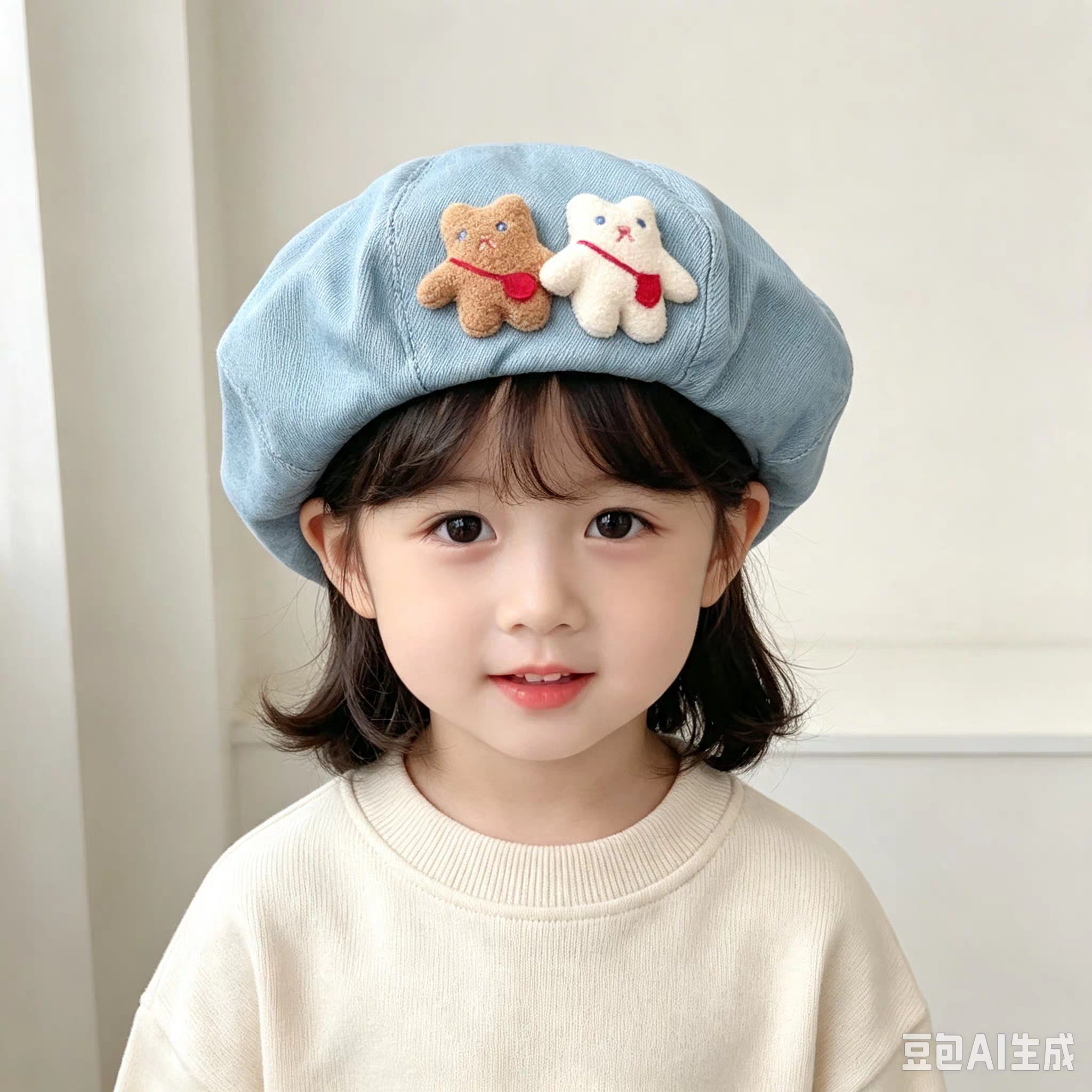 亲子卡通小熊儿童画家韩版小孩百搭牛仔男女宝宝贝雷时尚蓓蕾帽子