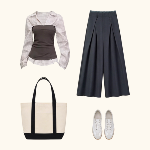 美式格子拼接假两件长袖上衣+长裤套装女春季新款两件套