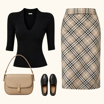 辣妹风中袖V领黑色T恤显瘦修身打底衫气质格子中长半裙时尚套装