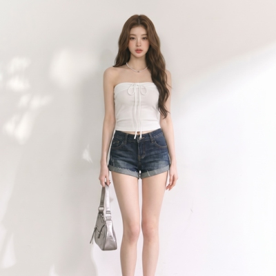 针织纽结背心女夏季新款韩系修身显瘦抹胸上衣牛仔短裤套装
