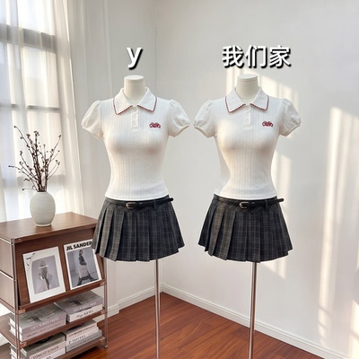 学院风韩系修身显瘦POLO领短袖T恤夏季格子百褶半裙时尚套装