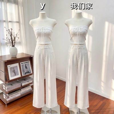 白色针织纽结系带抹胸背心女抽绳设计感白色阔腿裤女夏薄款高级感
