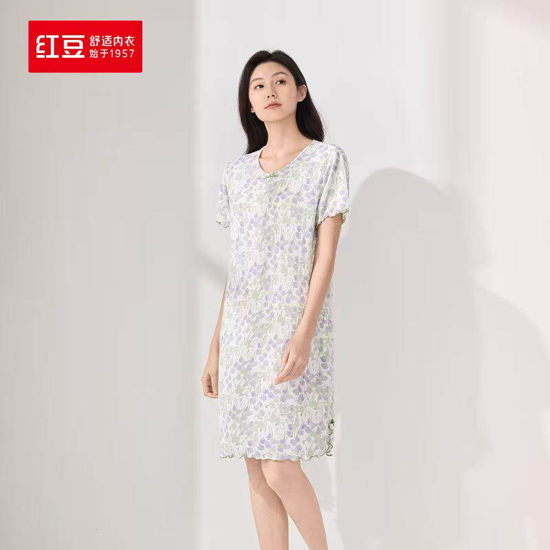 红豆女士夏季薄款短袖睡裙家居服