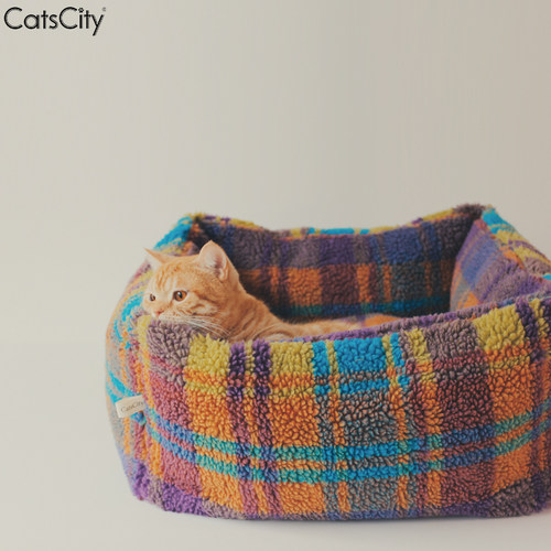 CatsCity覆古彩色格子羊羔绒猫窝可拆洗睡不塌超大宠物垫秋冬保暖