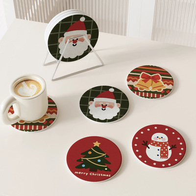 新款圣诞节硬硅藻泥杯垫茶几吸水垫圆形置物垫台面茶水吸水速干垫