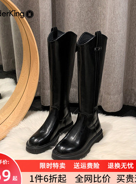 蜘蛛王黑色长筒靴女厚底时尚简约骑士靴秋冬纯色时装靴英伦风女靴