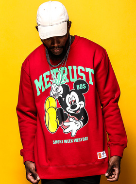 蜜丘琳嘻哈米奇鼠 80S街舞滑板嘻哈说唱街头风格宽松加绒圆领卫衣