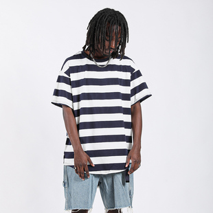 宽松短袖 街舞滑板说唱舞者海军条纹嘻哈风格 TEE 基础款 蜜丘琳新款