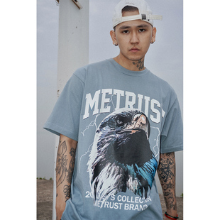 蜜丘琳古着vintage风美式 TEE 嘻哈老鹰国潮街舞滑板说唱小领口短袖