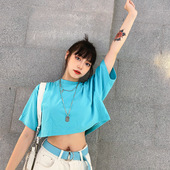 露脐短款 女装 短袖 蜜丘琳国潮欧美简约纯色重磅爵士JAZZ时尚 T恤衫