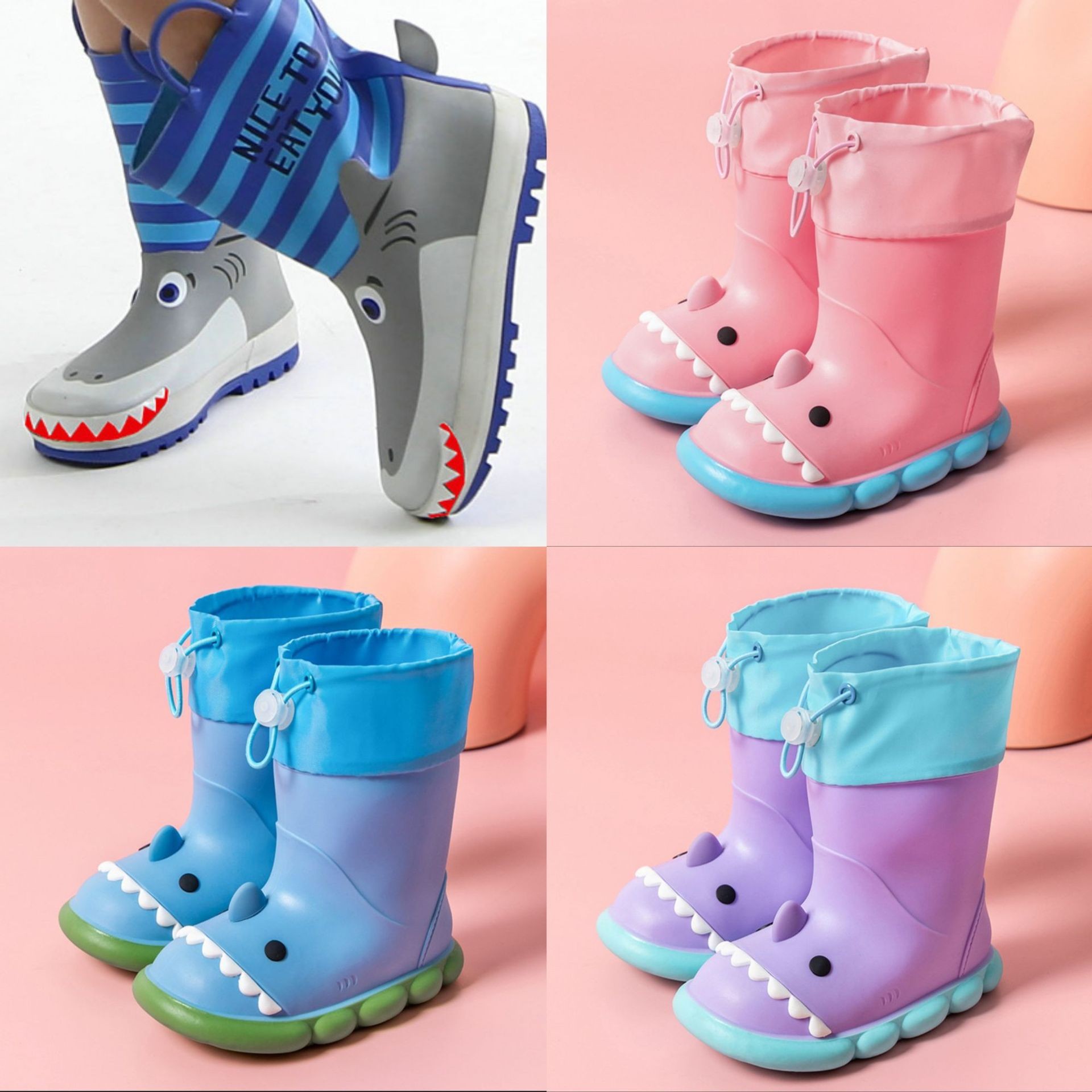 enbihouse原创设计ins风格鲨鱼卡通3D立体造型男女童靴中筒雨鞋