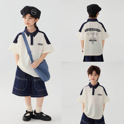 2026夏季新款儿童牛仔拼接休闲polo衫男中大童字母印花短袖T恤潮