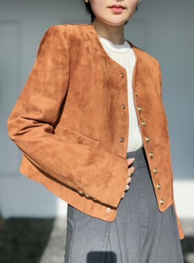 新品老钱风麂皮绒羊反绒女士美拉德穿搭短款中古小香风皮衣外套