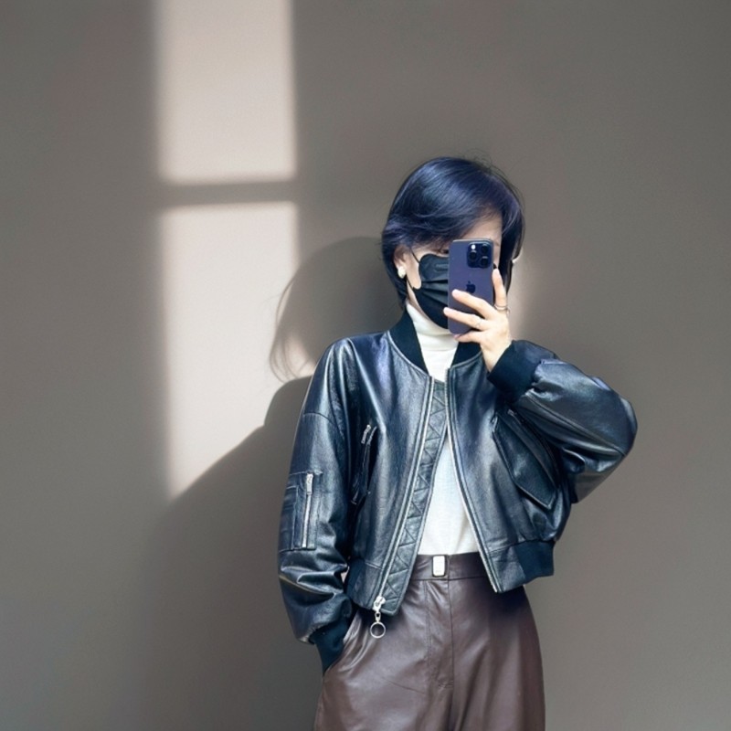 老钱风复古腔调中古牛皮做旧擦色短款女士棒球夹克飞行服新品皮衣