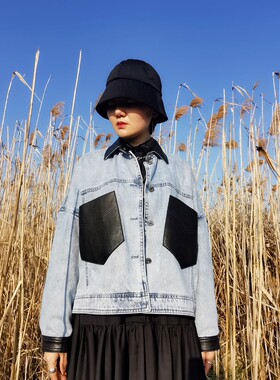 G家秋冬新款七彩牛仔韩版拼接进口绵羊泡皮女士短款撞色休闲外套