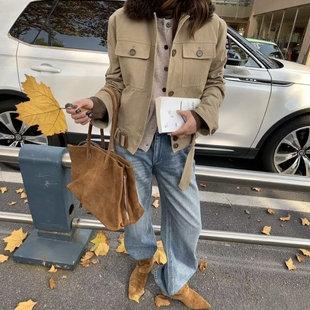 风羽绒派克服 工装 美式 复古卡其色多口袋夹克外套带毛领女短款