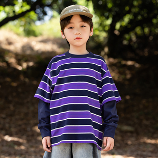 男童秋装上衣2025新款儿童条纹假两件长袖T恤户外露营休闲体恤潮