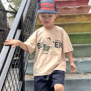 圆领纯棉上衣潮 T恤男女童宽松落肩袖 儿童夏装 户外风卡通印花短袖