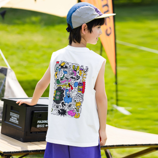 卡通印花无袖 儿童装 坎肩背心中大童运动速干上衣 2025新款 男童夏装