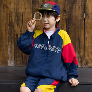 外套 开衫 男童撞色拼接字母印花立领风衣2026新款 山系户外儿童春装