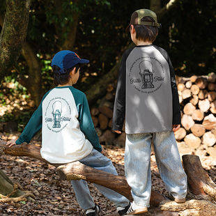 抗菌防晒速干儿童山系印花插肩长袖 上衣童装 T恤 2025新款 男童秋装