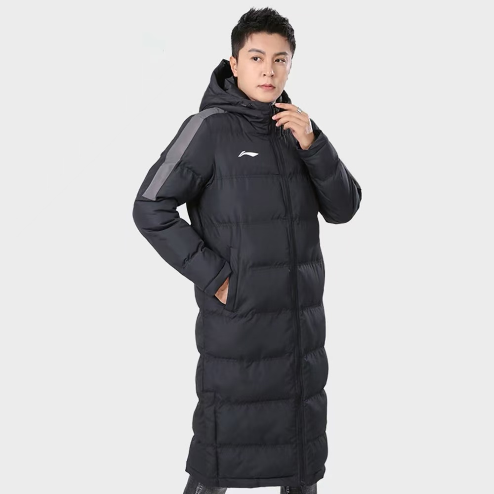 李宁2024秋冬男款长款保暖棉服防风连帽过膝简约百搭加厚训练服男