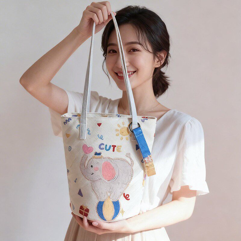 2026新款大象帆布包升级拉链通勤大容量水桶包女单肩斜挎包妈