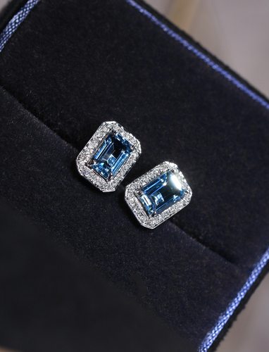 18k金海蓝宝石天然钻石围镶嵌耳钉经典耳环饰品