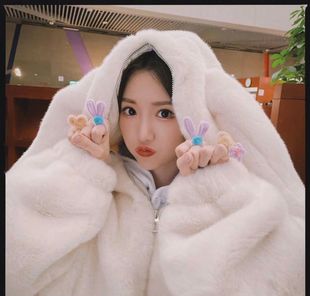 明星同款毛绒外套兔子耳朵皮草中长款加厚毛毛棉衣女2023秋冬新款