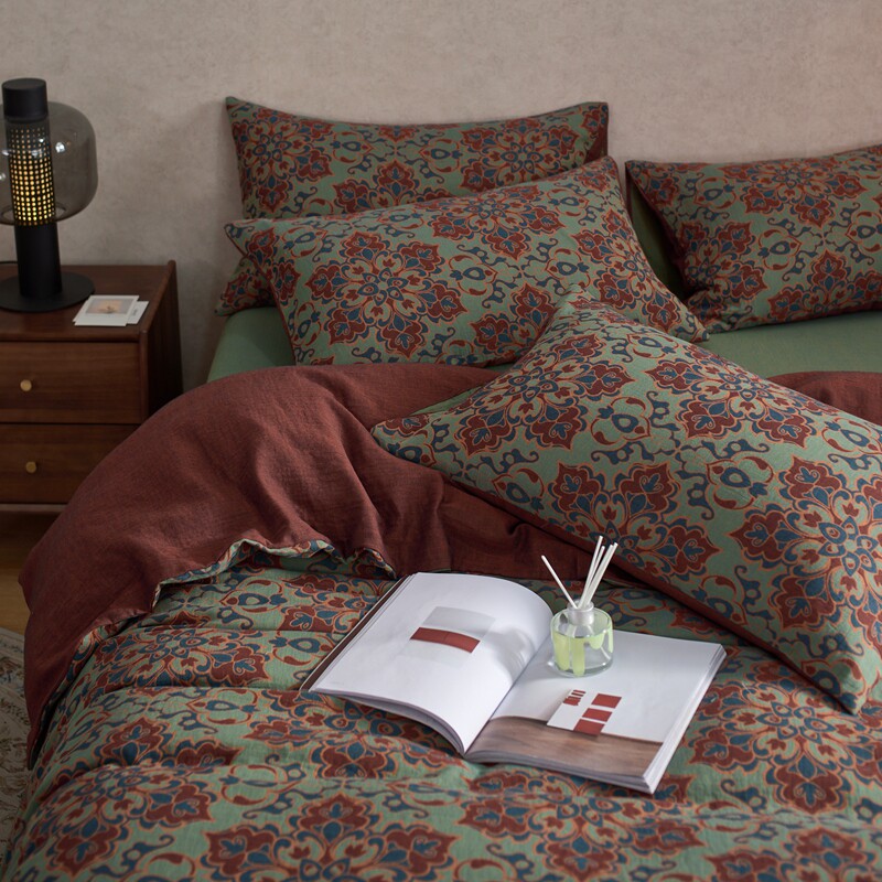 轻奢A类全棉色织双层纱四件套四季纯棉日式柔软床品民族复古提花