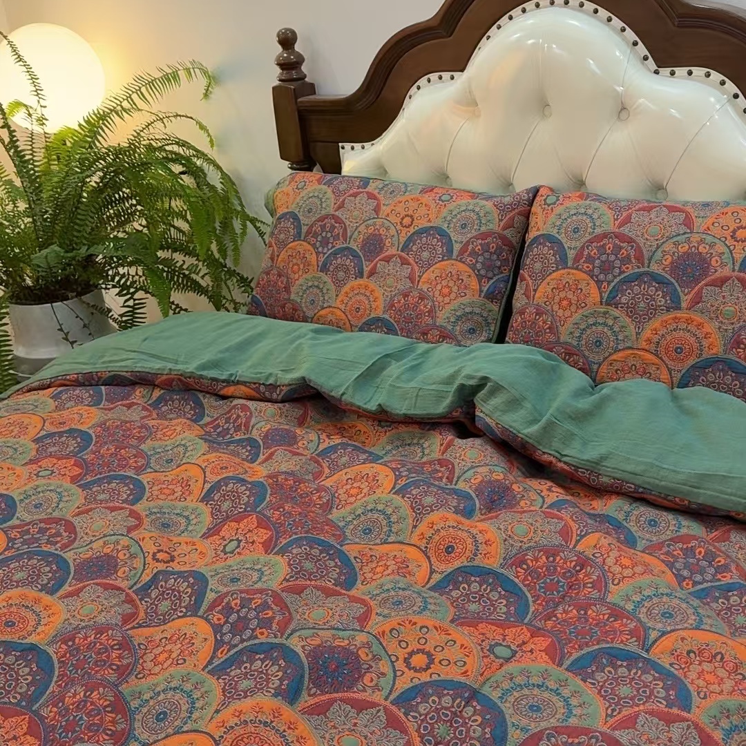 25秋冬复古风全棉A类色织提花加厚三层纱四件套床盖毯多功能被套