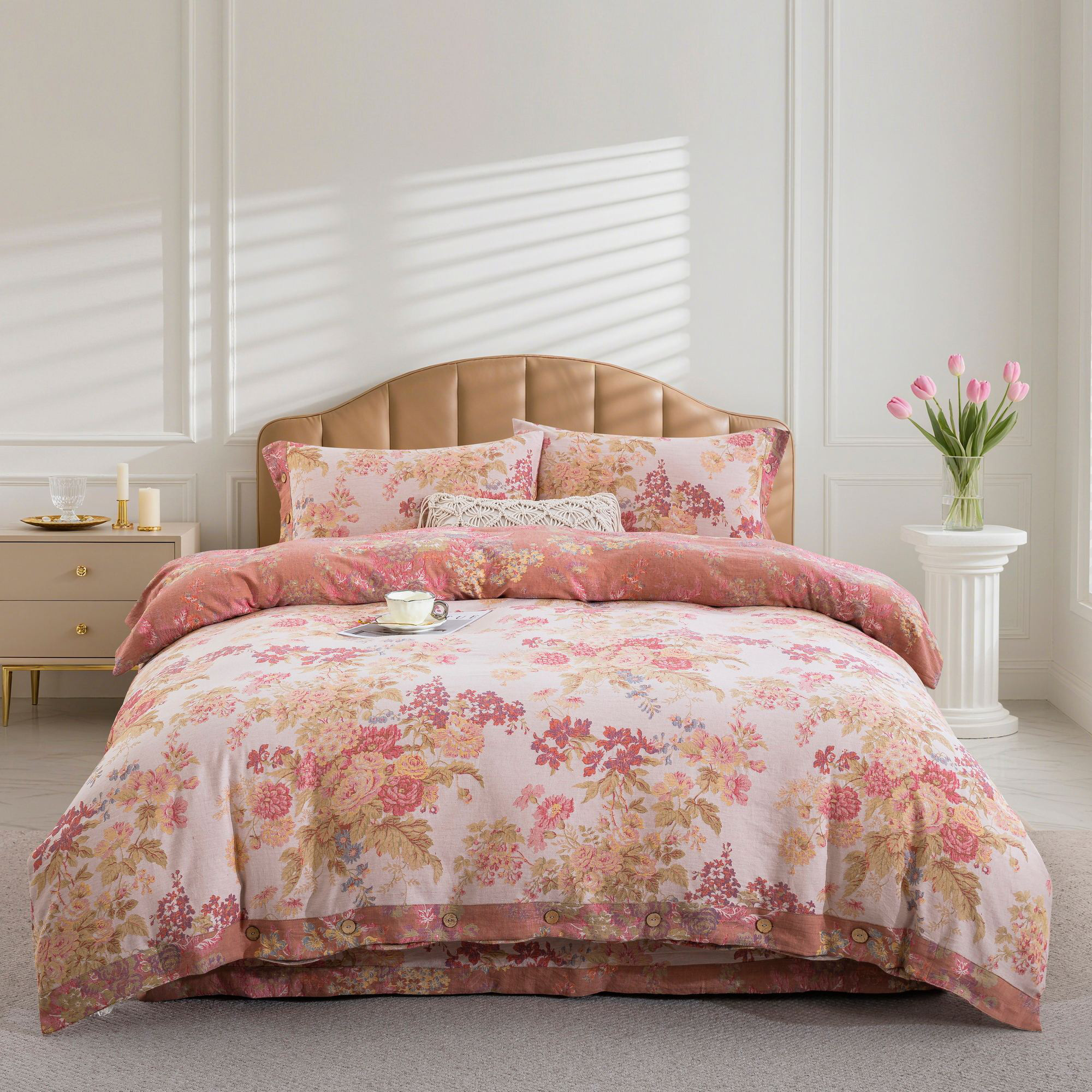 上新双面可用A类母婴色织提花双层纱全棉四件套中式复古纽扣被套